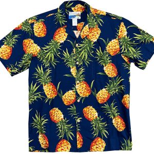 Men's Hawaiian Shirt - Pineapple Gold Navy Print Polyester Casual Summer Shirt