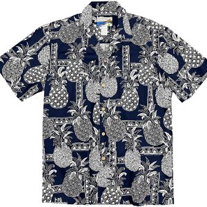 Men's Hawaiian Shirt - Tapa Pineapple Navy Print Polyester Casual Summer Shirt