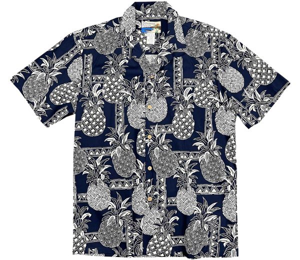 Men's Hawaiian Shirt - Tapa Pineapple Navy Print Polyester Casual Summer Shirt