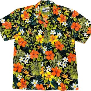 Men's Hawaiian Shirt - Tropical Garden Black Print Polyester Casual Summer Shirt