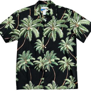 Men's Hawaiian Shirt - Wailea Palms Black Print Polyester Casual Summer Shirt