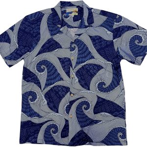 Men's Hawaiian Shirt - Waves Navy Print Polyester Casual Summer Shirt