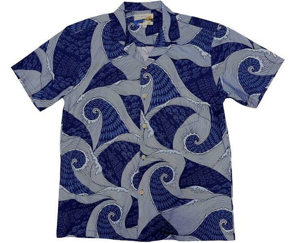 Men's Hawaiian Shirt - Waves Navy Print Polyester Casual Summer Shirt