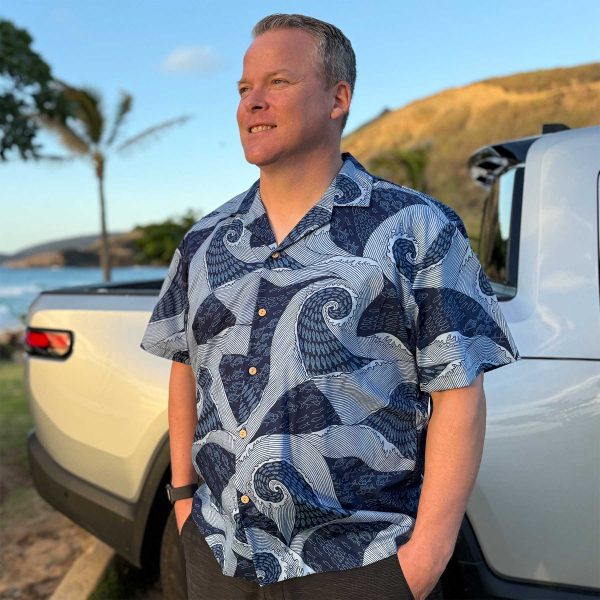 Men's Hawaiian Shirt - Waves Navy Print Polyester Casual Summer Shirt - Image 2