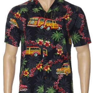 Men's Hawaiian Shirt - Woody and Leis Polyester Aloha Print Casual Shirt