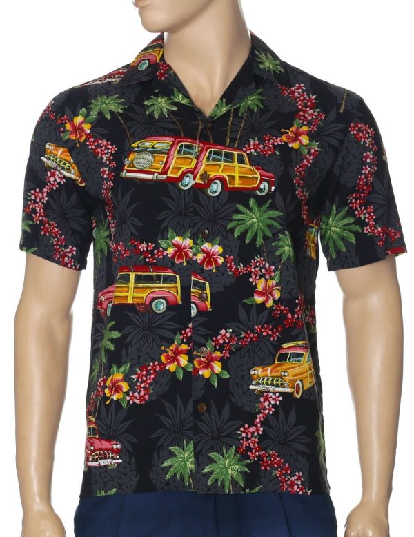 Men's Hawaiian Shirt - Woody and Leis Polyester Aloha Print Casual Shirt