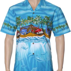 Men's Hawaiian Shirt - Woody Surf Chest Border Polyester Aloha Print Casual Shirt