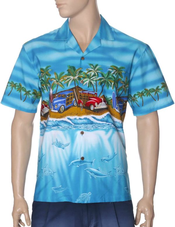 Men's Hawaiian Shirt - Woody Surf Chest Border Polyester Aloha Print Casual Shirt